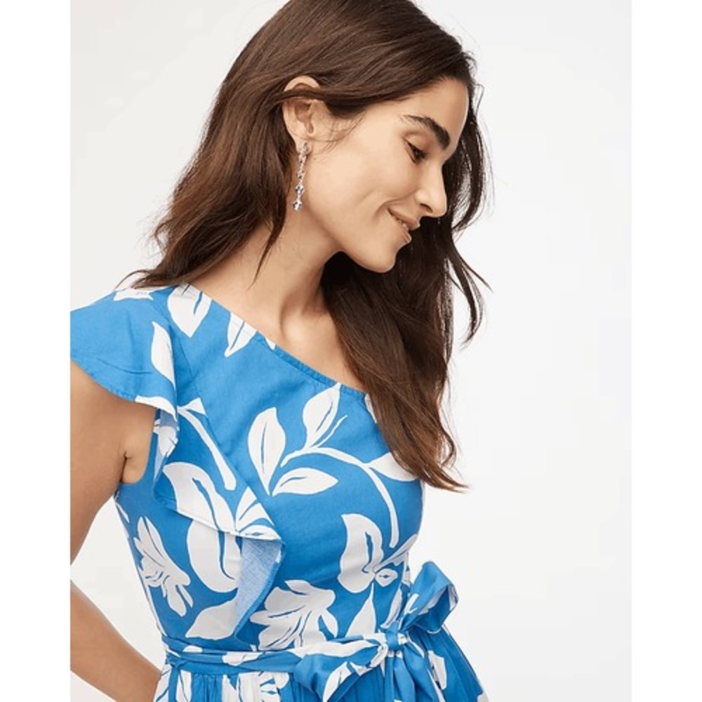 J.Crew One-Shoulder Midi Dress Womens 10 Blue White Floral Ruffle Hawaiian Beach - Picture 3 of 12